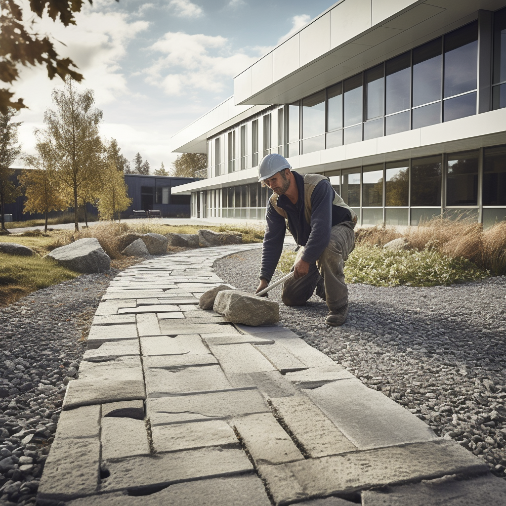 Landscaper installing a stone path outside a commercial job site