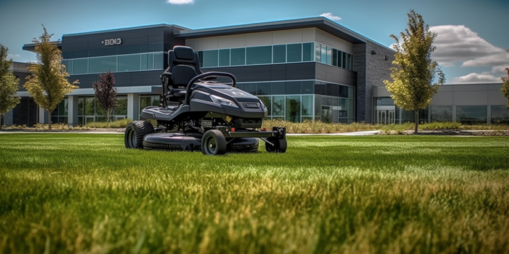 landscaper doing commercial work on a silver lawnmower in a grass field