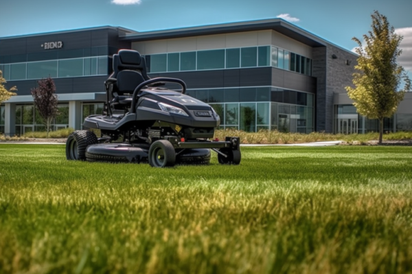 landscaper doing commercial work on a silver lawnmower in a grass field